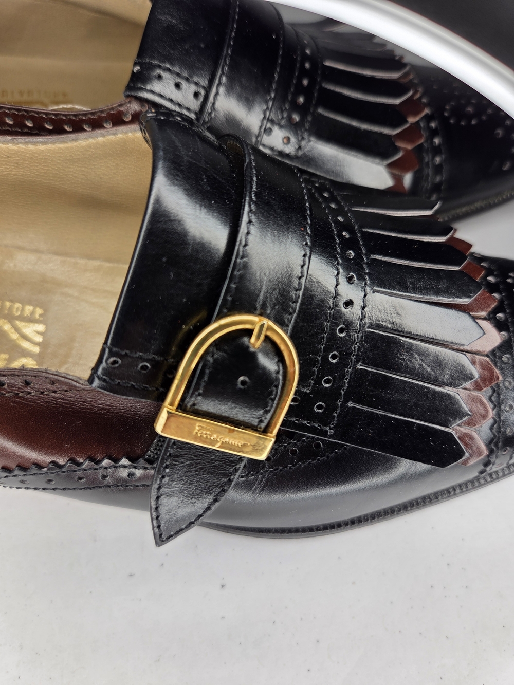 Vintage Salvatore Ferragamo Kiltie Monk Strap Loafers Black Burgudy Leather 7 4A - Picture 3 of 9